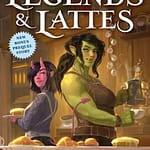 book cover, illustration. tall muscular female ogre stands back to back with smaller more petite imp, both holding a cup of coffee