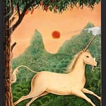 book cover, illustration. white unicorn leaping through a forest, grassy mountains and setting sun in the background