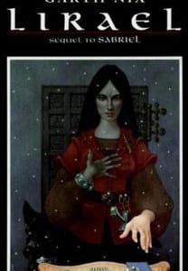 book cover, illustration. young woman in medieval style habit with a sword at her waist, reaching for a book on the table in front of her