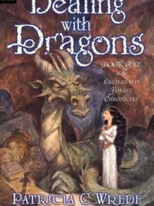 Young woman standing with her arms crossed, facing a dragon who looks just as unimpressed