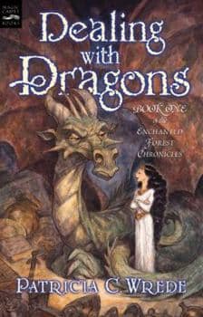 Young woman standing with her arms crossed, facing a dragon who looks just as unimpressed