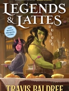 book cover, illustration. tall muscular female ogre stands back to back with smaller more petite imp, both holding a cup of coffee
