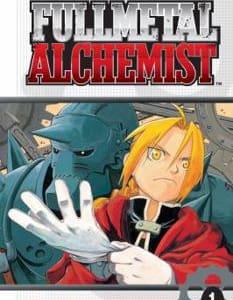 manga cover, illustration, young man in red coat pulling on white glove with a determined look on his face. Behind him stands a large suit of armor, looking into the distance.