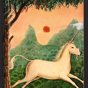 book cover, illustration. white unicorn leaping through a forest, grassy mountains and setting sun in the background