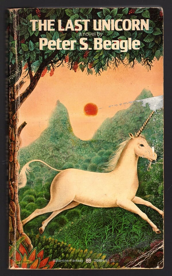 book cover, illustration. white unicorn leaping through a forest, grassy mountains and setting sun in the background